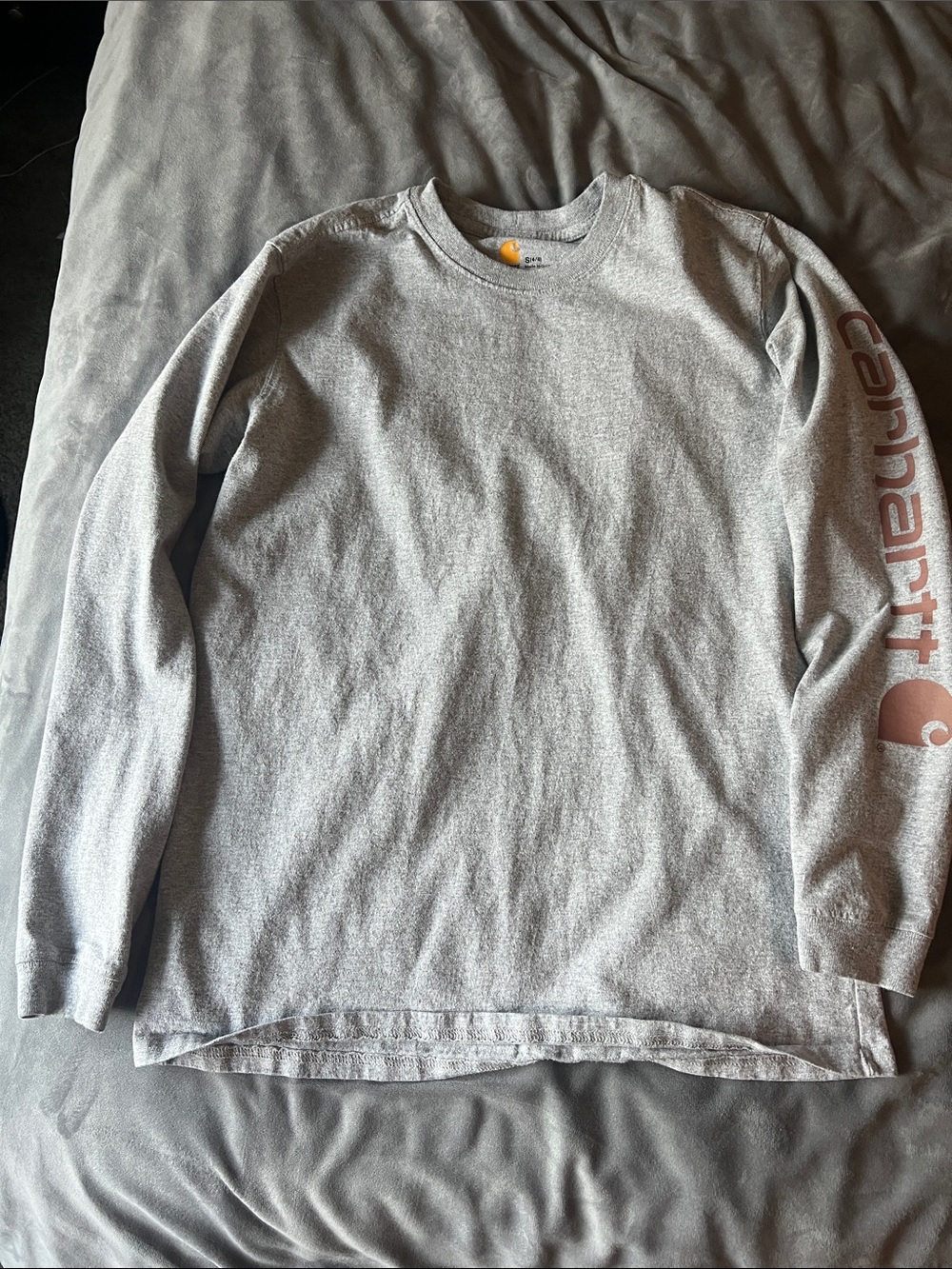 Carhartt Light Gray Long-Sleeve Crewneck with Brown Sleeve Logo